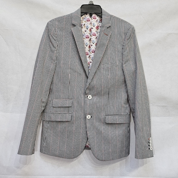 Paisley & Grey Skinny Fit Black White Red Checked Suit Coat Jacket Size 40R - Picture 1 of 9